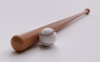 Baseball bat and ball on white. 3d render illustration