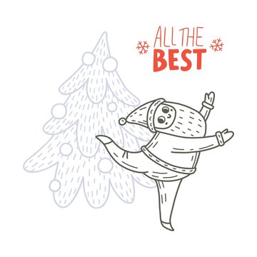 Vector illustration of dancing Santa Claus and fir-tree. Cute handdrawn doodle style. Christmas concept for card, banner, poster, flyer, web and any design. Lettering «All the best».