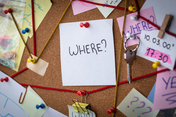 Question concept. Close-up view of a detective board with evidence. In the center is a white sheet attached with a red pin with the text Where