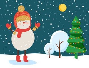 Happy snowman stand in warm clothes like hat and scarf, gloves and boots. Alive unreal characters in snowy forest at night. Personage made of snowballs standing on snowdrift. Vector greeting card