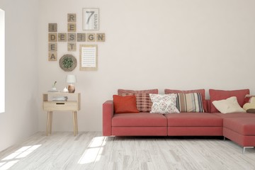 Stylish room in white color with red sofa. Scandinavian interior design. 3D illustration