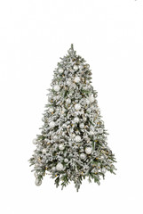 New Year 's Eve white tree with white toys, white beads on white background