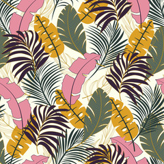Original seamless tropical pattern with bright pink and green plants and leaves on pastel background.  Beautiful print with hand drawn exotic plants. Tropic leaves in bright colors.
