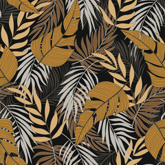 Fototapeta na wymiar Summer seamless tropical pattern with bright yellow and white plants and leaves on a green background. Jungle leaf seamless vector floral pattern background. Beautiful exotic plants. 
