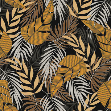 Summer seamless tropical pattern with bright yellow and white plants and leaves on a green background. Jungle leaf seamless vector floral pattern background. Beautiful exotic plants. © EltaMax99