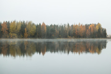 Obraz premium Beautiful autumn landscape of Kymijoki river waters in fog. Finland, Kymenlaakso, Kouvola