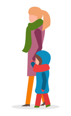 Naklejka na ściany i meble Woman and kid wearing warm clothes walking outdoors vector. Mom and child spending time outside in winter. Kiddo wearing thick jacket and hood with scarf on neck. Family on weekends isolated