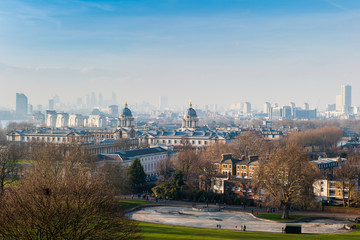 Greenwich, East London and Canary wharf viewed from Greenwich Park
