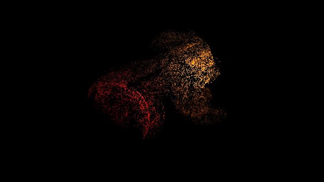 Colored dots moving in space creating shape. Animation. Abstract animation of moving multicolored dots on a black background