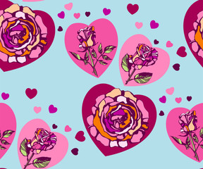 Fototapeta na wymiar Seamless floral pattern with roses and heart hand drawing decorative background. Vector Illustration. Print for textile, cloth, wallpaper, scrapbooking