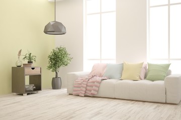 Stylish room in white color with sofa. Scandinavian interior design. 3D illustration