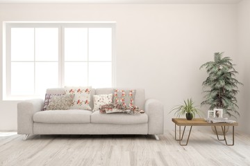 Stylish room in white color with sofa. Scandinavian interior design. 3D illustration