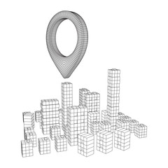 Geo map pin on Mesh low poly wireframe cubes array like skyscraper city. Connected lines town. Connection Box Structure. Digital Data Visualization Concept. Vector Illustration.. Place GPS pictogram.