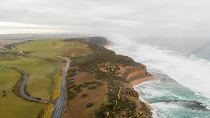 Fototapeta na wymiar The Great Ocean Road Coastline in the state of Victoria, Australia. Aerial view