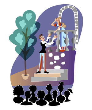 balcony scene: lovers, blue, purple, stage clip art preview
