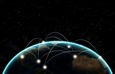 Global world telecommunication network with nodes connected around earth, concept about internet and worldwide communication technology, image from space furnished by NASA