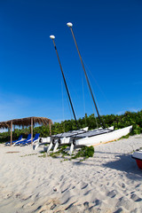  Pleasure catamarans on the beach in Santa Maria.Cuba.Horizontally.Vertically.
