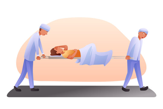 Patient on stretcher flat vector illustration. Emergency doctors helping unconscious man. Paramedics in uniforms cartoon characters. Seriously injured person. Ambulance, first aid. Hospital staff.