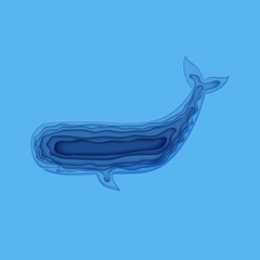 Silhouette of a of sperm whale cut out of paper. Papercut 3d element marine life. Craft underwater ocean cave in blue color. Vector World Ocean Day June 8 World Whale and Dolphin Day July 23 concept.