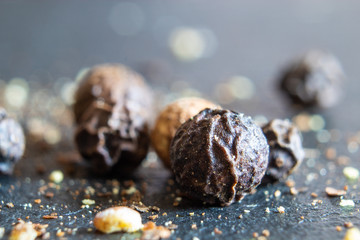 Macro of white pepper and black pepper