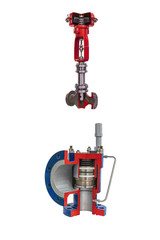 Two modern shut-off valves with automatic control for gas pipeline isolated on a white background. Transverse section