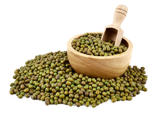 raw mung bean or green bean in the wooden bowl, isolated on white background