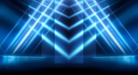 Abstract light tunnel, stage, portal with rays, neon lights and spotlights. Dark empty scene with neon. Abstract blue background, light, smoke. Symmetric reflection, perspective.