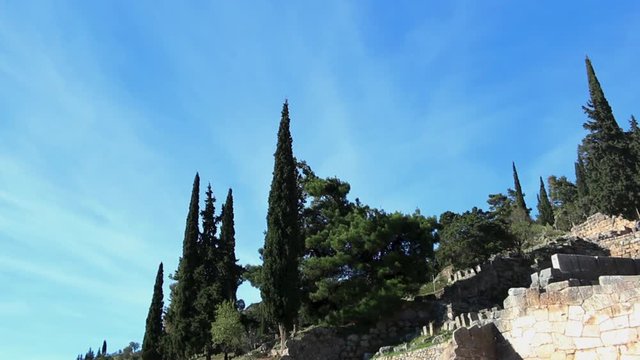 Sky view from the ruins of  sacred Apollo Sanctuary temple in Delphi Phocis Greece.
