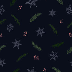 Fototapeta na wymiar Dark winter seamless pattern. Light berries, fir branches and snowflakes on dark violet background.