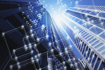 Network and Connection technology concept with city background