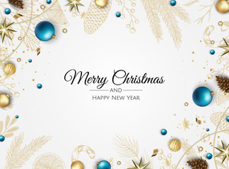 Christmas banner. Background Xmas design of with gifts box, snowflake and confetti. Horizontal christmas poster, greeting cards, headers, website. © Anastasiya