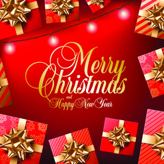 Golden Merry Christmas and Happy New Year text on red background. Social network banner or post vector template. Several red gifts with golden ribbons and bows, Christmas lights illumination.