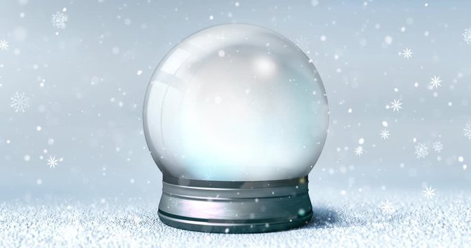 Isolated empty snowball on bright blue background at snowfall, 4k seamless loop animation