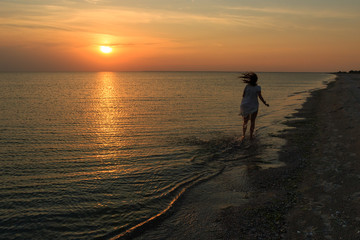 Fototapeta premium silhouette of a girl on the beach at sunset