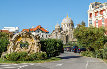 Empty road leading to the Russian orthodox church (built in 1892) in Biarritz, France.