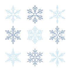 Fototapeta na wymiar Set dark blue and cyan of snowflakes (icons) on white isolated background. Winter objects.