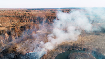 Flying over a fire in the forest. Black burned field, there is a strong thick smoke. A small river blocks the path of fire.