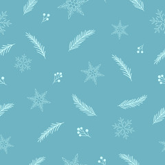 Obraz premium Cute seamless winter pattern. Fir branches, snowflakes and berries on blue background.
