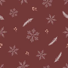 Fototapeta na wymiar Snowflakes, berries, fir branches on calm maroon background. Seamless winter pattern.
