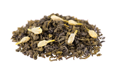 Green tea with jasmine, isolated on white background. Aromatic green dry tea, close up.
