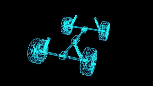 Chassis steering rack. Wireframe low poly mesh. Auto service repair car concept. 3d animation video available in 4k FullHD and HD render footage