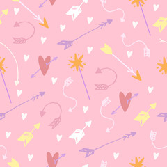 Fototapeta na wymiar Cute vector seamless pattern in boho style. arrows, flowers, hearts, pastel colors, doodles, children's minimalism. magic shelf, stars. Background for baby