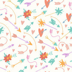 Cute vector seamless pattern in boho style. arrows, flowers, hearts, pastel colors, doodles, children's minimalism. magic shelf, stars. Background for baby