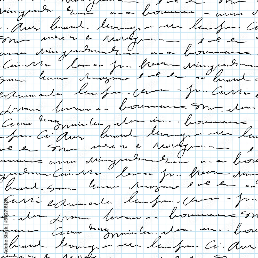 Poster Handwritten abstract text seamless pattern, vector monochrome script on notebook sheet background