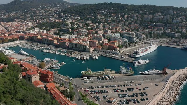 Aerial view. View of Old Port of Nice with luxury yacht boats, France.