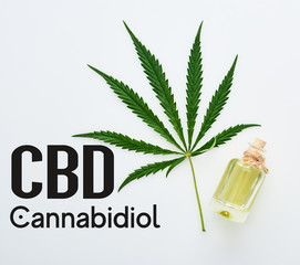 top view of cannabis leaf and cbd oil on bottle on white background with cbd illustration