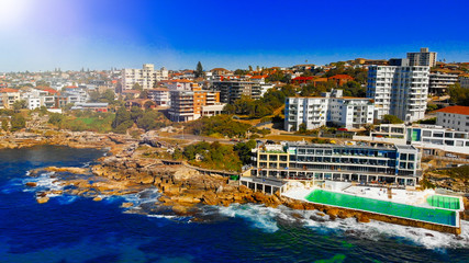 Aerial panoramic view of Bondi Beach pools and coastline on a beautiful winter day
