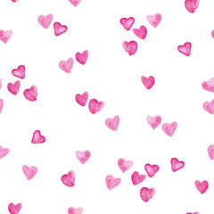 Pink hearts watercolor painting - hand drawn seamless pattern with love on white background