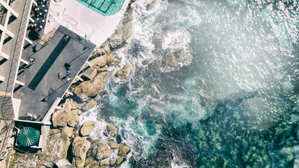Bondi Beach aerial view on a sunny day, Sydney, Australia.
