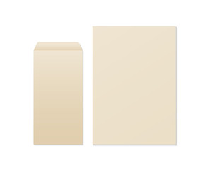 Realistic blank Kraft envelope and paper. Vector envelope and paper mockup. Template for business and branding identity.